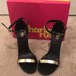 Black Ankle Strap Heels w/ Gold Plastic Details